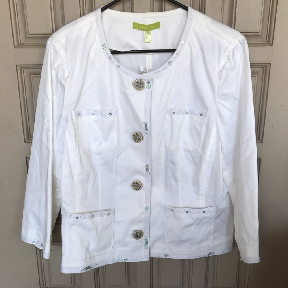 Sigrid Olsen JeanJacket Sequin Trim Sz12 White Button Down Lng Sleeves MSRP $170